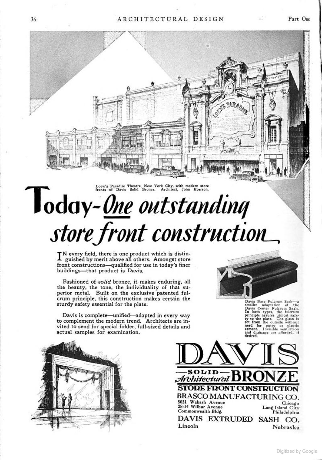 An archival Davis architectural bronze advertisement featuring an illustration of the Loew’s Paradise exterior and crediting architect John Eberson