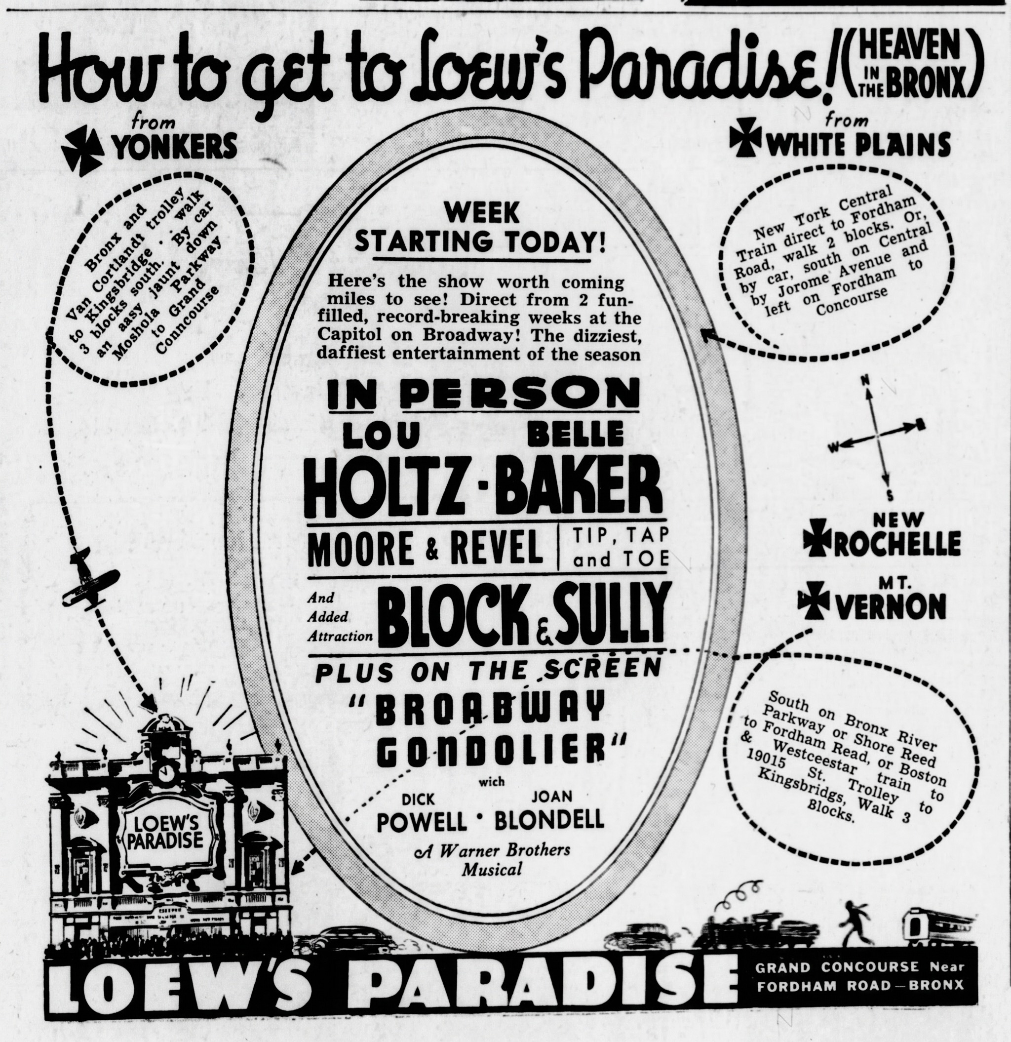 Vintage Loew’s Paradise advertisement with travel directions, live appearances by Lou Holtz and Belle Baker, and the film Broadway Gondolier
