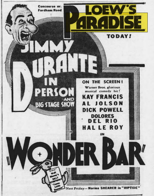 Vintage Loew’s Paradise advertisement for Jimmy Durante in person and the film Wonder Bar, with the theater name highlighted in yellow