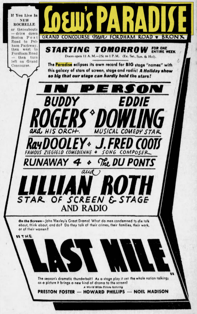 Tall Loew’s Paradise advertisement featuring Buddy Rogers, Eddie Dowling, Lillian Roth, and the film The Last Mile