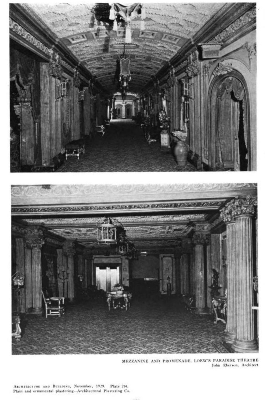 Two black-and-white photographs of the Paradise mezzanine and promenade, with ornate ceilings, hanging lanterns, columns, and seating, on a 1929 architectural publication page