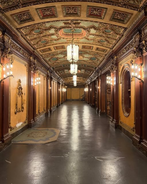 Ornate hallway and chandeliers at Paradise