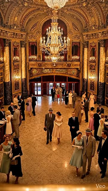 A Paradise lobby scene with guests beneath chandeliers