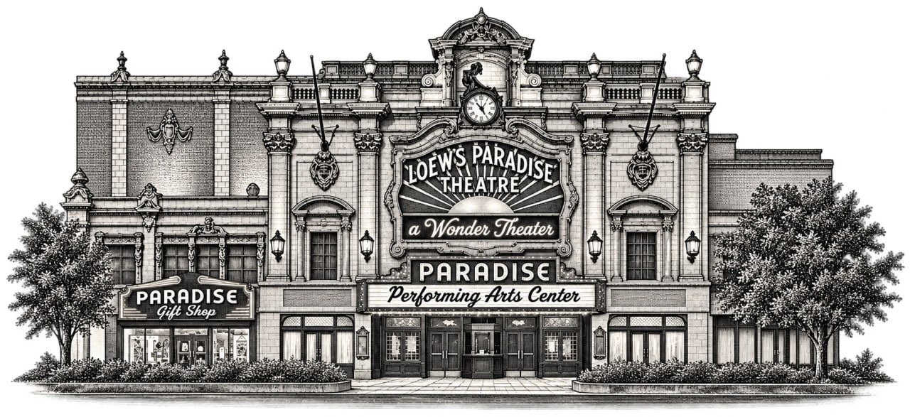 Black-and-white illustration of the Paradise Performing Arts Center façade, with the Loew’s Paradise Theatre sign, marquee, and gift shop