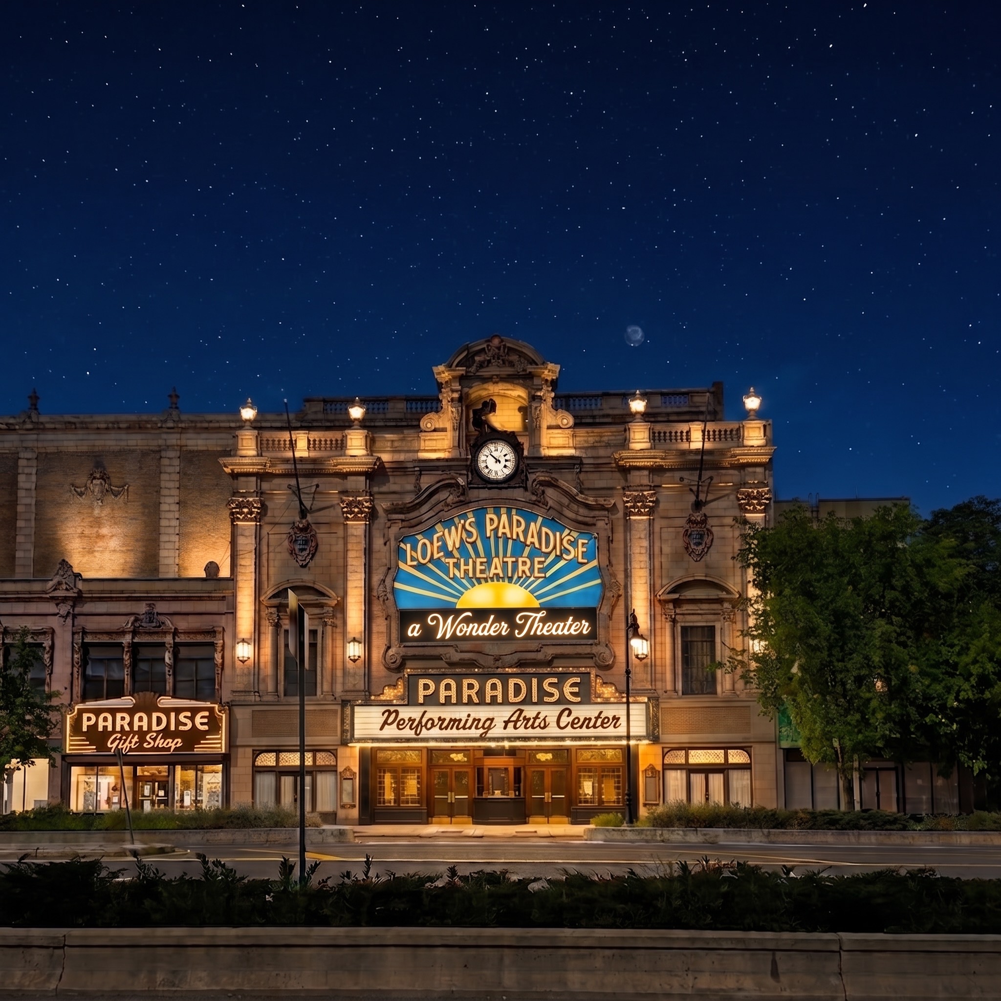 The illuminated Paradise Performing Arts Center façade and marquee beneath a star-filled night sky